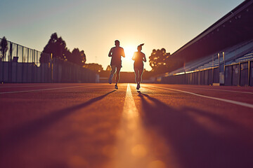 Morning activity. A young active couple runs along the stadium running track in the rays of the rising sun.