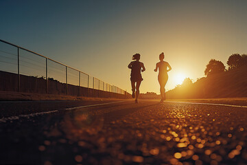 A young active couple of girls are running along the stadium running track in the rays of the...