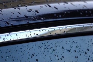 Gros plan sur la carrosserie et fen&ecirc;tre d'une voiture mouill&eacute;e