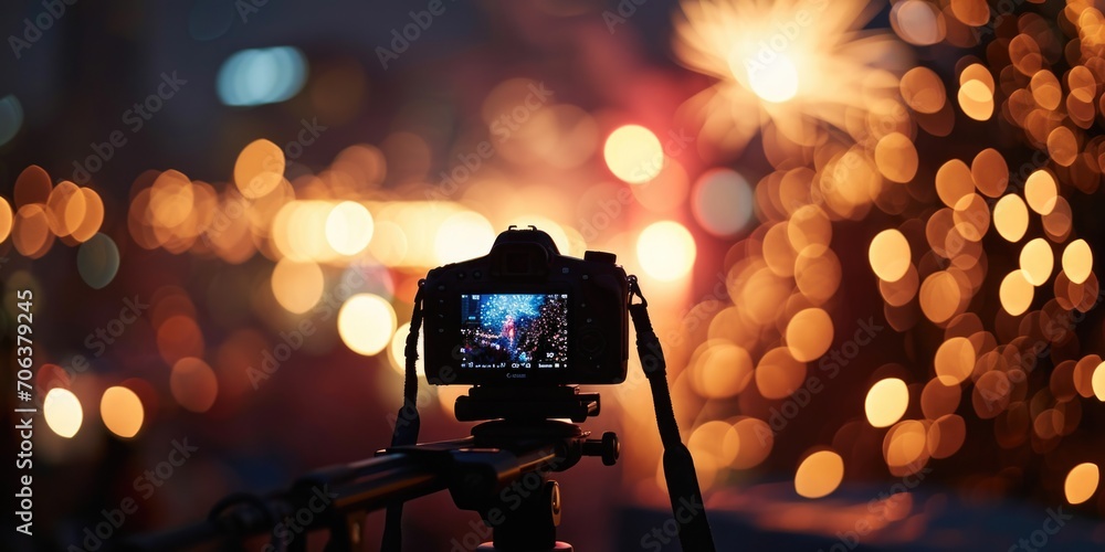 Poster A camera on a tripod with lights in the background. Ideal for photography and videography projects