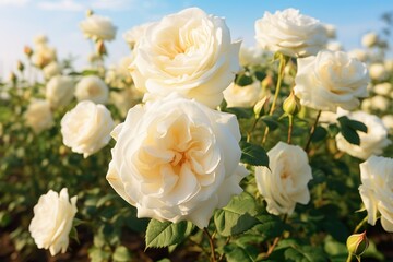 close-up shot of white roses blooming in the garden generative ai
