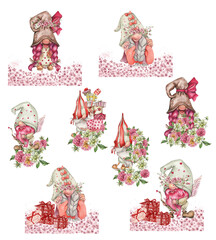 Composition with Valentines Nordic gnomes, Scandinavian gnomes and flowers. Cute valentine's day postcard. Watercolor elements for birthday,cake, holiday celebration design, greetings card,invitation.