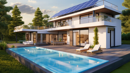 Fototapeta premium Green Living in Style: Beautiful House with Solar Panels and Terrace