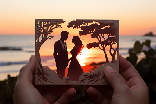 A romantic sunset beach scene with a silhouette of a couple, creating a serene background for a heartfelt message on this Valentine's Day gift card top view