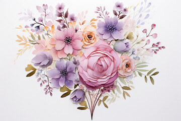 An elegant postcard design with a soft pastel palette, showcasing a heart-shaped bouquet of spring flowers as a symbol of appreciation for mothers and women