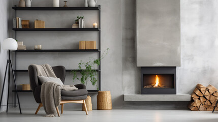 Cozy Corner: Grey Chair by Fireplace in Scandinavian Living Room