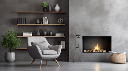 Cozy Corner: Grey Chair by Fireplace in Scandinavian Living Room
