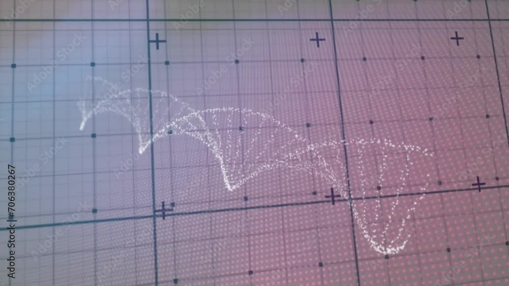 Poster animation of dna strand and data processing over grid background