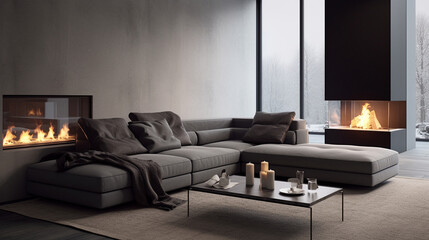 Modern Elegance: Grey Sofa by Glass Fireplace in Stylish Living Space