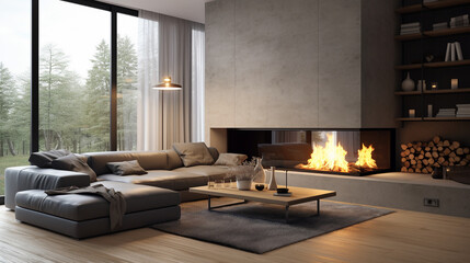 Modern Elegance: Grey Sofa by Glass Fireplace in Stylish Living Space