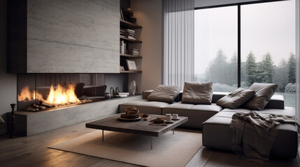 Modern Elegance: Grey Sofa by Glass Fireplace in Stylish Living Space