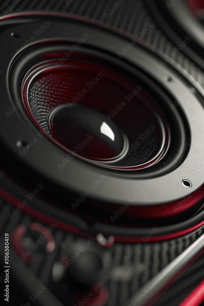 Poster a close-up view of a speaker sitting on a table. suitable for various audio-related themes and conce
