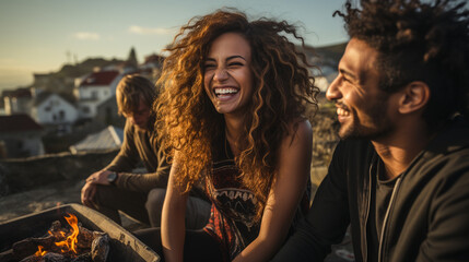 Group of friends having fun and spending time together at sunset. Young Latinos laughing fun and happy. - obrazy, fototapety, plakaty