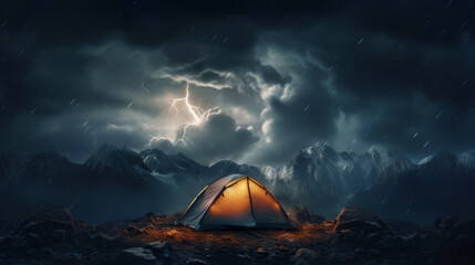 Incredible sky with lightning and tent camp. Danger tourism concept