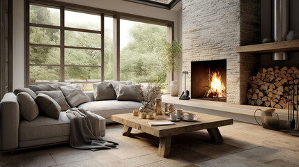 Sleek Simplicity: Grey Corner Sofa by Glass Fireplace in Modern Living Room