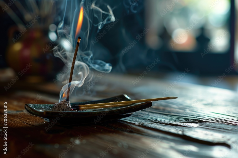 Poster a small incense stick placed on a wooden table. can be used to create a peaceful and relaxing atmosp