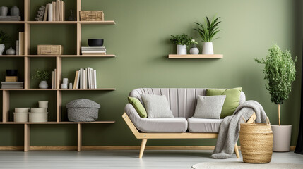 Natural Harmony: Grey Sofa, Rattan Chair, and Green Wall in Scandinavian Living Room