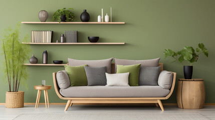 Natural Harmony: Grey Sofa, Rattan Chair, and Green Wall in Scandinavian Living Room