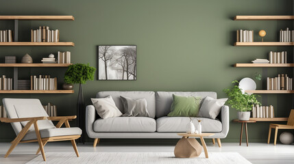 Natural Harmony: Grey Sofa, Rattan Chair, and Green Wall in Scandinavian Living Room