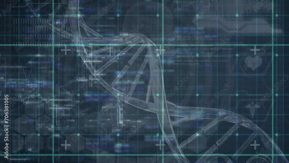 Poster animation of dna strand and data processing over dark background