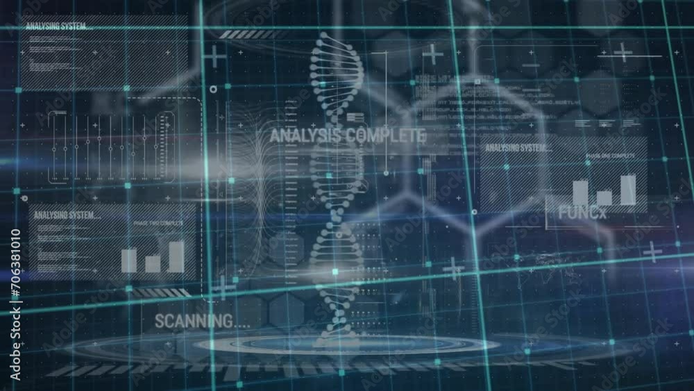 Aufkleber animation of dna strand and data processing over dark background