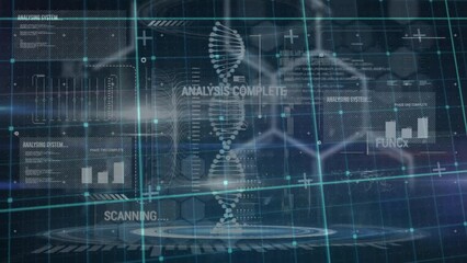 Animation of dna strand and data processing over dark background - Powered by Adobe