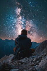 Obraz premium A man is sitting on top of a mountain, peacefully observing the beauty of the night sky. This image can be used to depict solitude, contemplation, and the awe-inspiring nature of the universe