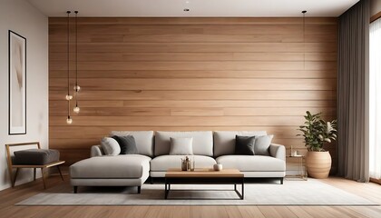 Elegant and comfortable minimal living room interior design and wood wall texture background