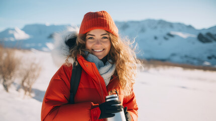 Fototapeta na wymiar Woman drinking hot tea holding vacuum flask in winter park. Drinks to warm up in snowy frosty weather outdoors during walk