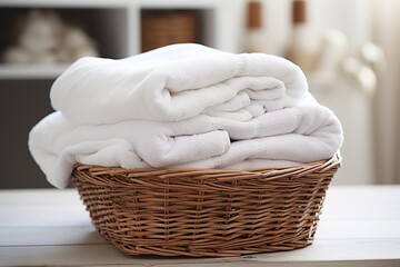 Stack of white folded towels in basket