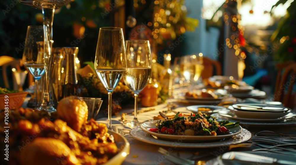 Aufkleber a table set with plates of food and glasses of wine. perfect for food and drink related projects