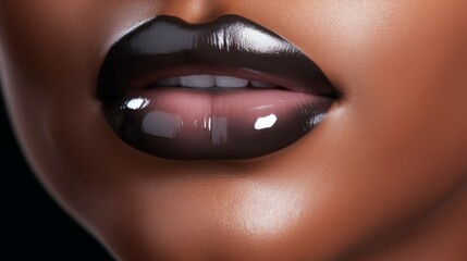 Close-up of the beautiful plump lips of a dark-skinned woman with black lipstick. Cosmetics, make-up, lip augmentation and correction concepts. - obrazy, fototapety, plakaty