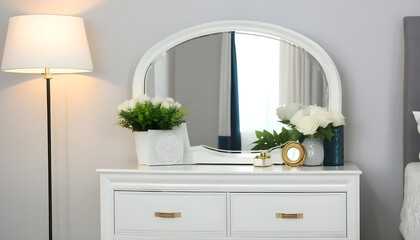 Elegant room interior with mirror on nightstand