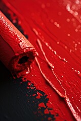 A close-up view of a piece of red paint on a table. This image can be used to depict artistic creativity or as a background for design projects