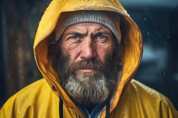 Solemn fisherman with beard in yellow hooded raincoat.
