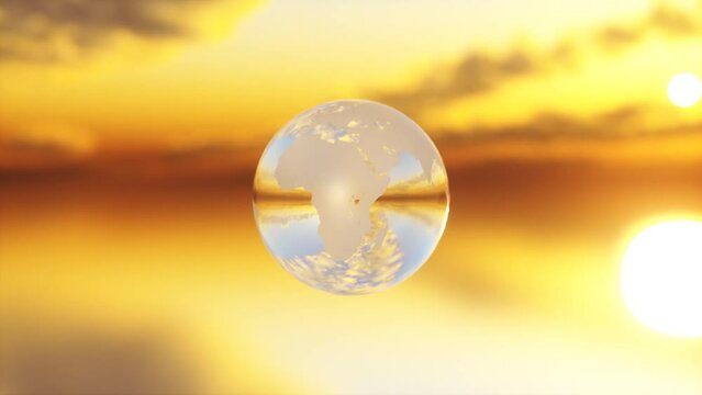 Crystal, transparent ball against a background of beautiful clouds. Environmental protection concept, 3D animation