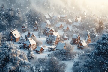 A picturesque small village surrounded by snow-covered trees in the middle of a snowy forest. Suitable for winter landscapes and cozy village scenes