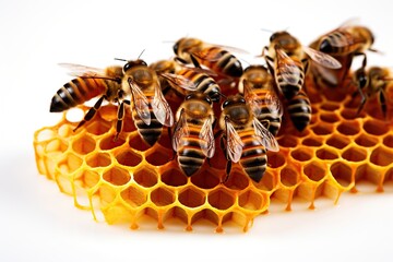 Bees on honeycombs with honey on white background