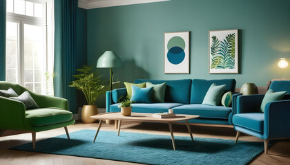 Green and blue living room interior design with rug, coffee tables and comfortable furniture