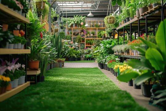 A bustling garden center filled with a variety of potted plants. Perfect for gardening enthusiasts and those looking to add greenery to their homes or outdoor spaces