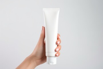 White plastic tube in female hand on grey background