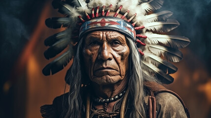 A face of an old Native American Indian in full headdress