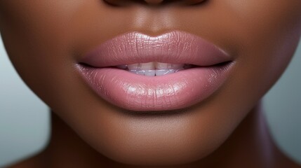 Close-up of the beautiful plump lips of an African American woman with pink lipstick. Cosmetics, make-up, lip augmentation and correction concepts. - obrazy, fototapety, plakaty