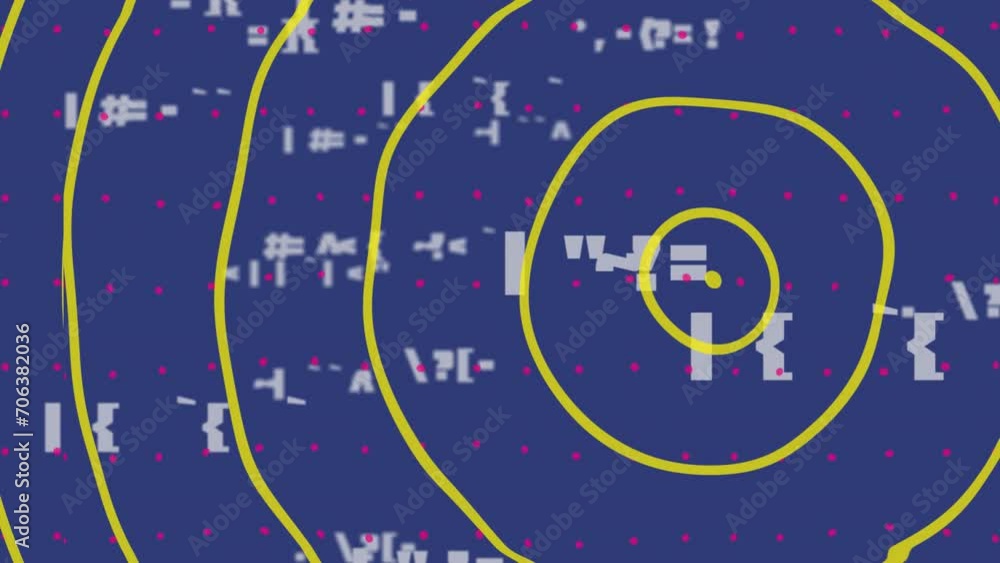 Poster animation of yellow circles over pink dots and data processing on blue background
