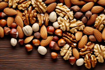 Mezcla de frutos secos con nuezes, pistachos avellanas almendras y semillas sobre fondo de madera vista desde arriba