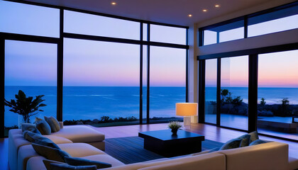 Home showcase interior living room with ocean view at dusk