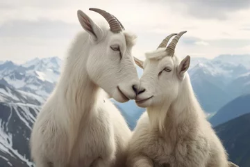 Foto op Canvas Affectionate goat couple snuggles in alpine scenery. Generative AI © Aiden