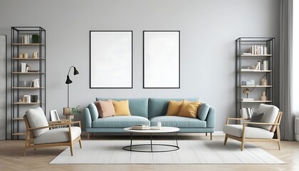 Light living room interior with sofa and armchairs, bookshelf and poster mock up