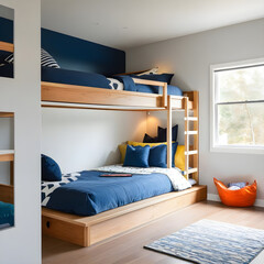 Kids bedroom in modern design home with bunk beds.