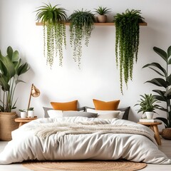 Modern boho bedrroom with white empty wall. Contemporary interior design with plants, bed and pillows.